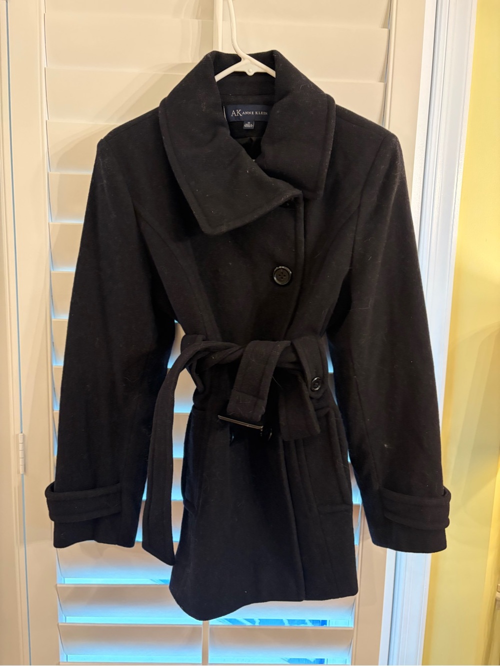 Anne Klein Black Wool-Blend Belted Pea Coat